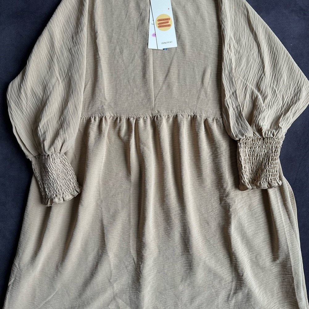 Dokotoo Tan Women’s Dress with Cuffed Sleeves - Picture 2 of 5